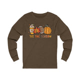 Fall Tis the Season Graphic Long Sleeve T-Shirt Retro Colorful Football Leaves Pumpkin Latte Printify