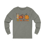 Fall Tis the Season Graphic Long Sleeve T-Shirt Retro Colorful Football Leaves Pumpkin Latte Printify