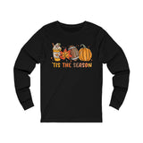 Fall Tis the Season Graphic Long Sleeve T-Shirt Retro Colorful Football Leaves Pumpkin Latte Printify