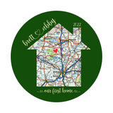 Round or Square Metal Sign With Map, Location, Names and Year for First Houme Plush